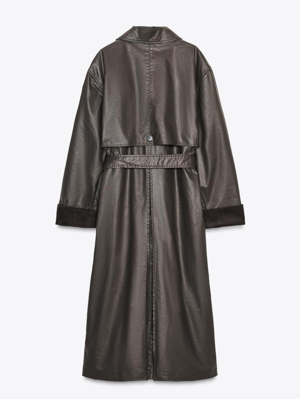 Zara Trench Cordoroy Cuffs Coat Waxing and Dark Brown Long Belted NWT - Picture 7 of 16